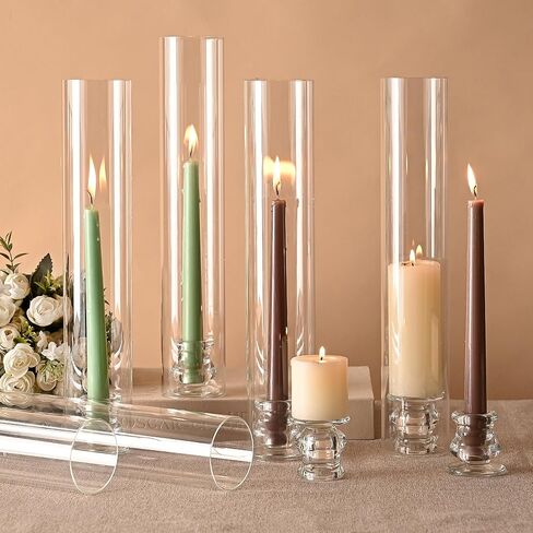 Hurricane Glass Candle Holders with Candlestick Holders Set of 6 Tall Clear Cylinder Covers for Taper Candles, 13.82" Glass Chimney Candle Holder Set for Wedding Centerpieces, Dining Table Home Decor in Kuwait