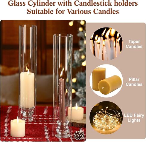 Hurricane Glass Candle Holders with Candlestick Holders Set of 6 Tall Clear Cylinder Covers for Taper Candles, 13.82" Glass Chimney Candle Holder Set for Wedding Centerpieces, Dining Table Home Decor in Kuwait