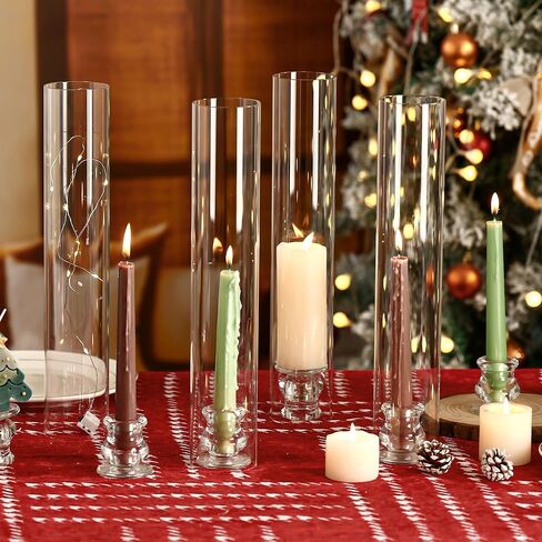 Hurricane Glass Candle Holders with Candlestick Holders Set of 6 Tall Clear Cylinder Covers for Taper Candles, 13.82" Glass Chimney Candle Holder Set for Wedding Centerpieces, Dining Table Home Decor in Kuwait
