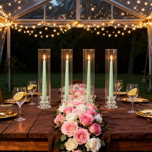 Hurricane Glass Candle Holders with Candlestick Holders Set of 6 Tall Clear Cylinder Covers for Taper Candles, 13.82" Glass Chimney Candle Holder Set for Wedding Centerpieces, Dining Table Home Decor in Kuwait