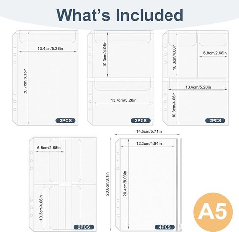 12PCS A5 Binder Pockets 6-Hole Planner Inserts for A5 6-Ring Binder, Money Organizer Cash Budget Envelopes Bill Pouches Card Sleeves Photo Holders Loose Leaf Bags for Refillable Notebook Binder in Saudi Arabia
