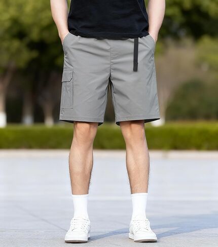 Men's Grey Straight Leg Cargo Shorts - Drawstring Waist Casual Outdoor Utility Pants in Saudi Arabia