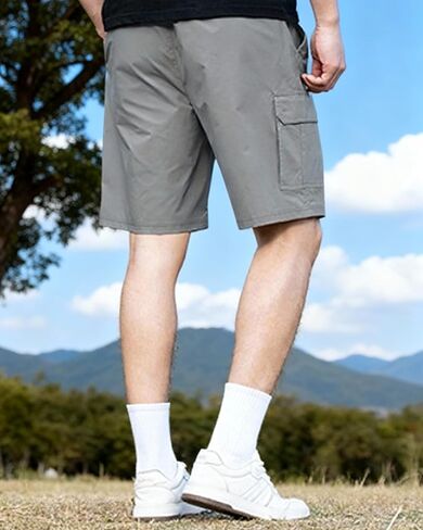 Men's Grey Straight Leg Cargo Shorts - Drawstring Waist Casual Outdoor Utility Pants in Saudi Arabia