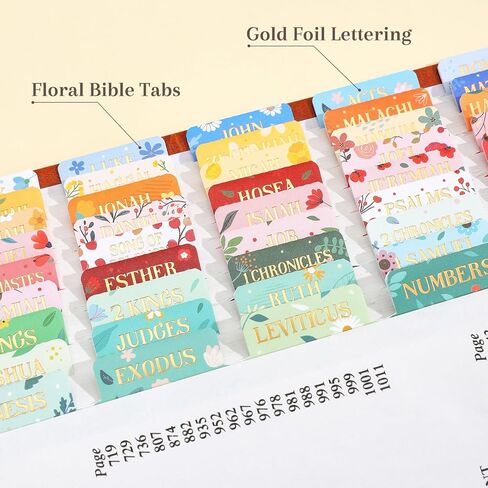 Bible Tabs for Women & Men, 105 Floral Laminated Large Print Index Tabs Kit, 66 Pre-Printed Chapter Stickers for Old & New Testament + 39 Blank for DIY, with Alignment Ruler, Easy to Apply & Organize in Saudi Arabia