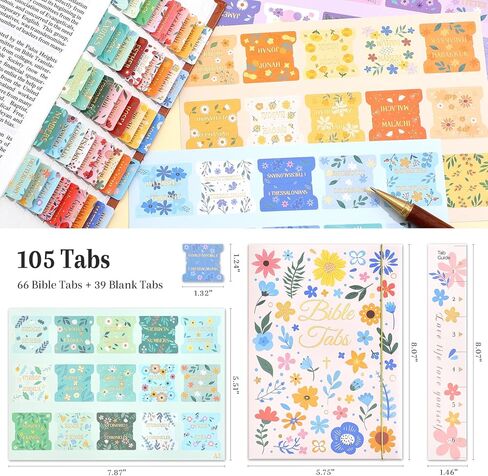 Bible Tabs for Women & Men, 105 Floral Laminated Large Print Index Tabs Kit, 66 Pre-Printed Chapter Stickers for Old & New Testament + 39 Blank for DIY, with Alignment Ruler, Easy to Apply & Organize in Saudi Arabia