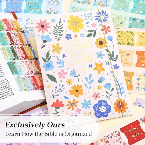 Bible Tabs for Women & Men, 105 Floral Laminated Large Print Index Tabs Kit, 66 Pre-Printed Chapter Stickers for Old & New Testament + 39 Blank for DIY, with Alignment Ruler, Easy to Apply & Organize in Saudi Arabia