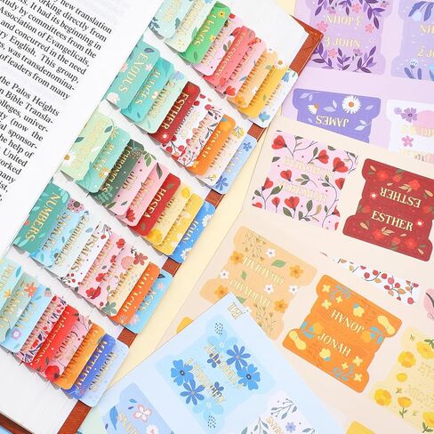 Bible Tabs for Women & Men, 105 Floral Laminated Large Print Index Tabs Kit, 66 Pre-Printed Chapter Stickers for Old & New Testament + 39 Blank for DIY, with Alignment Ruler, Easy to Apply & Organize in Saudi Arabia