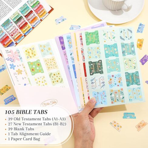 Bible Tabs for Women & Men, 105 Floral Laminated Large Print Index Tabs Kit, 66 Pre-Printed Chapter Stickers for Old & New Testament + 39 Blank for DIY, with Alignment Ruler, Easy to Apply & Organize in Saudi Arabia