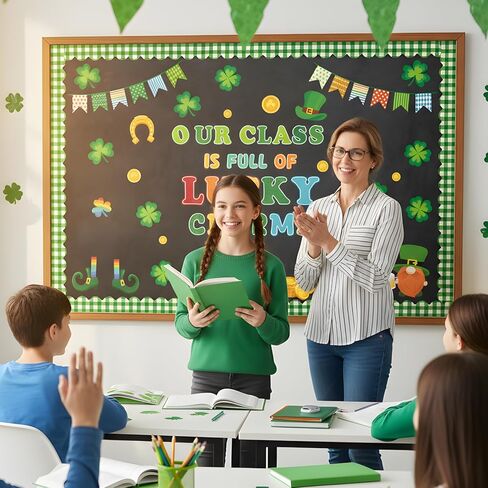 St. Patrick's Day Bulletin Board Decorations, 72 Pcs Our Class is Full of Lucky Charms Classroom Bulletin Board Decoration Set, Shamrock Clover Gold Coin Cut-Outs Irish Holiday Chalkboard Wall Decor in Saudi Arabia