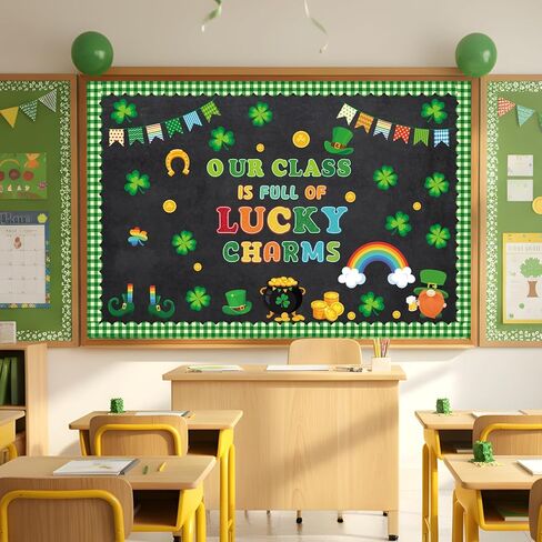 St. Patrick's Day Bulletin Board Decorations, 72 Pcs Our Class is Full of Lucky Charms Classroom Bulletin Board Decoration Set, Shamrock Clover Gold Coin Cut-Outs Irish Holiday Chalkboard Wall Decor in Saudi Arabia