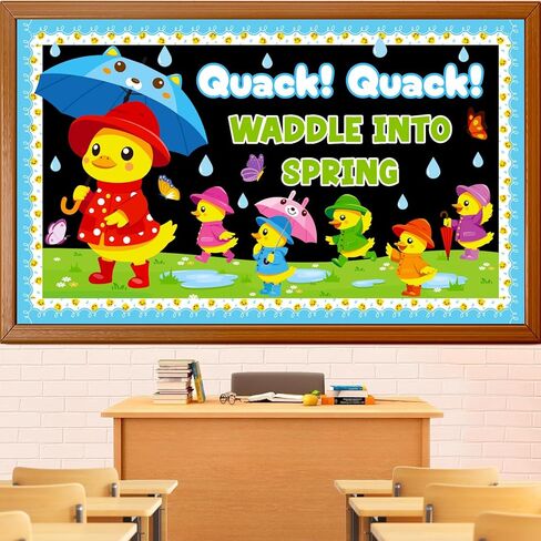 Spring Bulletin Board Decoration Set, Yellow Duck Quack Classroom Decorations Duck Butterfly Umbrella Cutouts March April Library School Nursery Home Window Wall Chalkboard Door Decor for Teacher in Kuwait