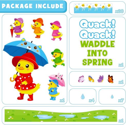Spring Bulletin Board Decoration Set, Yellow Duck Quack Classroom Decorations Duck Butterfly Umbrella Cutouts March April Library School Nursery Home Window Wall Chalkboard Door Decor for Teacher in Kuwait
