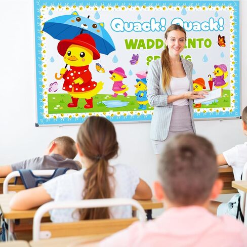 Spring Bulletin Board Decoration Set, Yellow Duck Quack Classroom Decorations Duck Butterfly Umbrella Cutouts March April Library School Nursery Home Window Wall Chalkboard Door Decor for Teacher in Kuwait