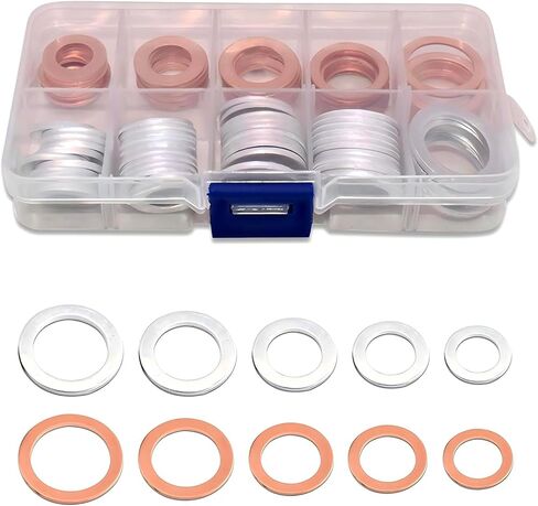 100 PCS Car Oil Drain Plug Gasket, Anti-leak Heat Resistant Washer Kit, 5 Size Flat Ring Oil Pan Crush Washer Assortment Set, Universal for Most Cars Motorcycles (Silver & Gold) in Saudi Arabia