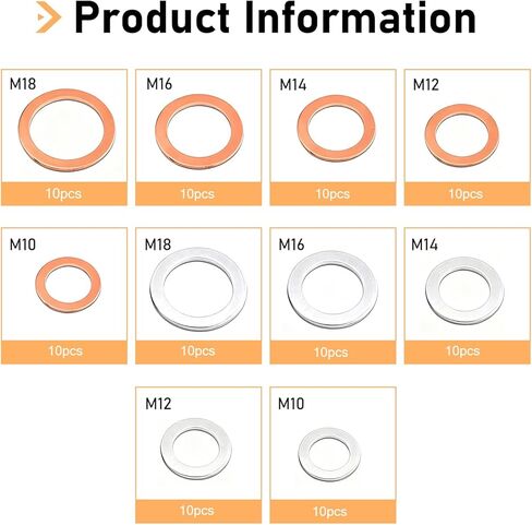 100 PCS Car Oil Drain Plug Gasket, Anti-leak Heat Resistant Washer Kit, 5 Size Flat Ring Oil Pan Crush Washer Assortment Set, Universal for Most Cars Motorcycles (Silver & Gold) in Saudi Arabia