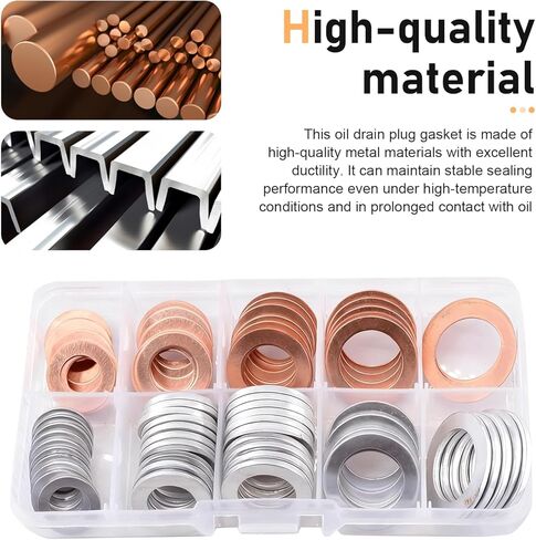 100 PCS Car Oil Drain Plug Gasket, Anti-leak Heat Resistant Washer Kit, 5 Size Flat Ring Oil Pan Crush Washer Assortment Set, Universal for Most Cars Motorcycles (Silver & Gold) in Saudi Arabia