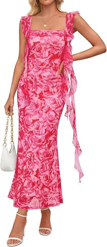 ZESICA Women's Summer Sleeveless Floral Maxi Dress 2026 Square Neck Bodycon Mesh Wedding Guest Beach Vacation Dresses in Saudi Arabia