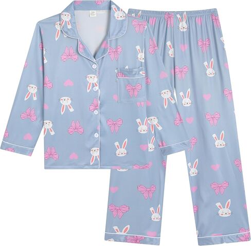 Vopmocld الفتيات الكبيرة زر أسفل بيجامة مجموعات طويلة الأكمام السراويل الطويلة لطيف الأنابيب Jammies لينة مريحة ملابس خاصة مع جيوب in Kuwait