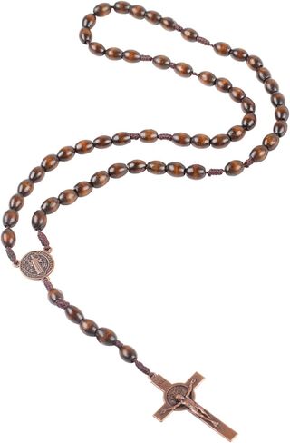 Wooden Rosary Beads, 30cm Brown Rosary Necklace, Premium Solid Walnut Blessed Rosary for Men Women, Dangling Cross Pendant Rosarios Catolicos, Prayer Beads First Communion, Religious Christian Gift in Saudi Arabia