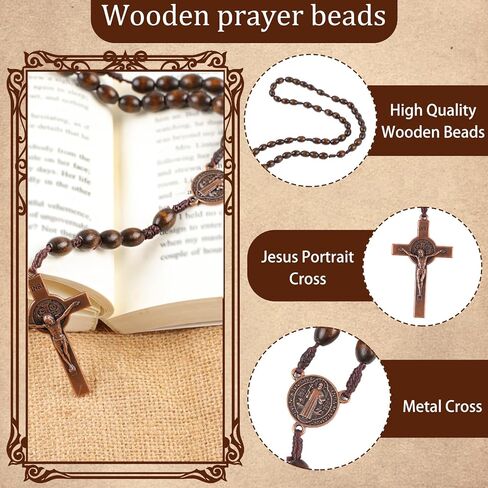 Wooden Rosary Beads, 30cm Brown Rosary Necklace, Premium Solid Walnut Blessed Rosary for Men Women, Dangling Cross Pendant Rosarios Catolicos, Prayer Beads First Communion, Religious Christian Gift in Saudi Arabia