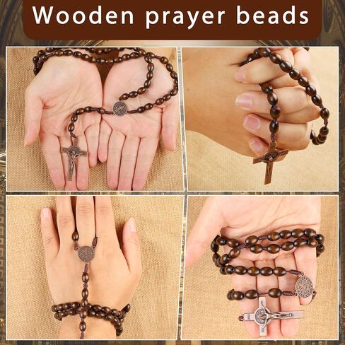 Wooden Rosary Beads, 30cm Brown Rosary Necklace, Premium Solid Walnut Blessed Rosary for Men Women, Dangling Cross Pendant Rosarios Catolicos, Prayer Beads First Communion, Religious Christian Gift in Saudi Arabia