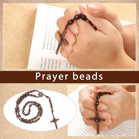 Wooden Rosary Beads, 30cm Brown Rosary Necklace, Premium Solid Walnut Blessed Rosary for Men Women, Dangling Cross Pendant Rosarios Catolicos, Prayer Beads First Communion, Religious Christian Gift in Saudi Arabia
