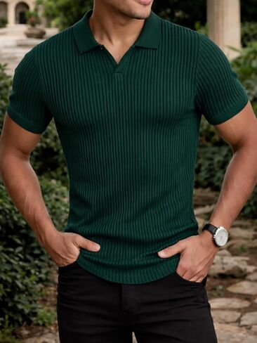 Men's Summer Casual Vertical Stripe Short Sleeve Flip Neck V Neck Polo Shirt in Saudi Arabia