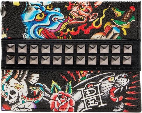 أزرار هرمية تحمل شعار ED HARDY مطبوع عليها تنين وجمجمة مع محفظة ثنائية الطي بحزام على شكل سلسلة راكبي الدراجات النارية in Kuwait