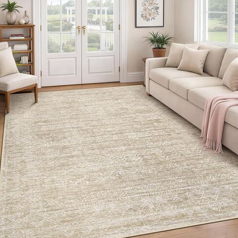Washable Rug 8x10 Area Rugs: Modern Geometric Rugs for Living Room Non Slip Soft Low Pile Moroccan Indoor Carpet for Bedroom Nursery Dining Room Home Office (Beige, 8'x10') in Saudi Arabia