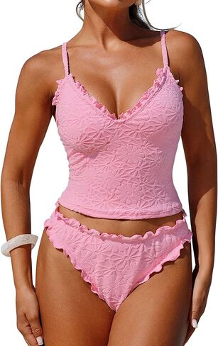 ZAFUL Tankini المايوه للنساء كشكش تقليم محكم عالية قطع Tankini مجموعة قطعتين الاستحمام الدعاوى in Kuwait