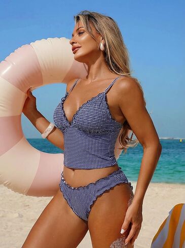 ZAFUL Tankini المايوه للنساء كشكش تقليم محكم عالية قطع Tankini مجموعة قطعتين الاستحمام الدعاوى in Kuwait