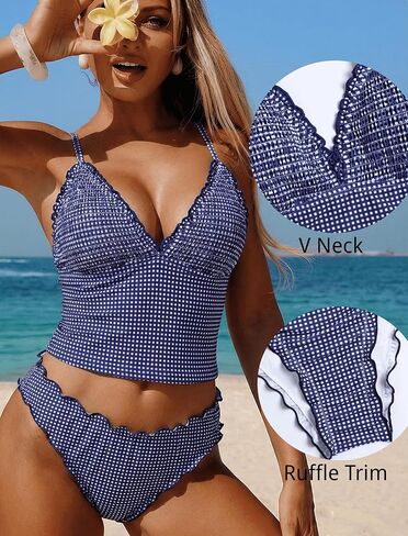 ZAFUL Tankini المايوه للنساء كشكش تقليم محكم عالية قطع Tankini مجموعة قطعتين الاستحمام الدعاوى in Kuwait