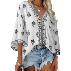 SHEWIN Womens Summer Tops Casual Floral Print Deep V Neck 3/4 Sleeve Blouses Dressy Boho Vacation Tunic Tops in Kuwait