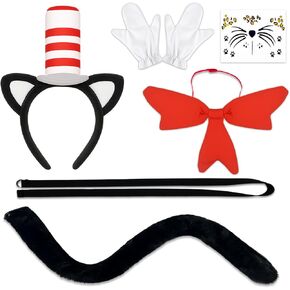 5 Pcs Cat Ears Headband and Bow Tie Set Include Cat Ears Headband, Red Bow Tie, 31-inch Black Tail Halloween Cosplay in Kuwait