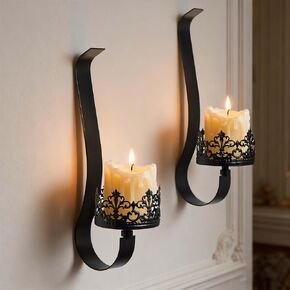 Set of 2 Black Metal Wall Candle Sconces, Rustic Farmhouse Candle Holders with 4" Tray for Living Room, Fireplace, Hallway - Gothic Style Wall Decor (2, Black-13.8"×3.93") in Kuwait