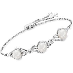 Ross-Simons 7-7.5mm Cultured Pearl and .40 ct. t.w. White Topaz Bolo Bracelet in Sterling Silver in Kuwait