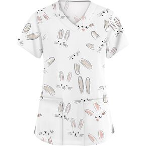 Easter Scrub Tops Women Short Sleeve V-Neck Cute Bunny and Eggs Printed Scrubs Top Medical Nurse Uniforms with Pockets in Saudi Arabia