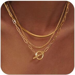 مجموعة قلادات متعددة الطبقات للنساء، 3 قطع من القلائد الرائعة القابلة للتكديس مع سلسلة ثعبان وسلسلة مشبك ورق ومشبك تبديل OT، هدية مجوهرات عصرية بسيطة مطلية بالفضة عيار 14 قيراط in Kuwait