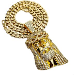 Gold Brass Lab Diamond Large Jesus Head Pendant & Premium 14K Stamped 10mm 20" 24" Miami Cuban Chain Hip Hop Jewelry Bling Fashion Necklace in Kuwait