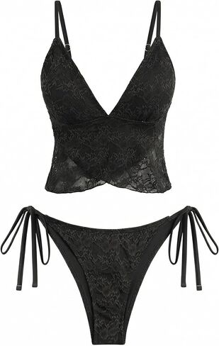 ZAFUL إمرأة 2 قطعة Tankini المايوه الدانتيل الجاكار البطن التحكم ثوب السباحة عالية قطع ثونغ التعادل الجانب المايوه in Kuwait