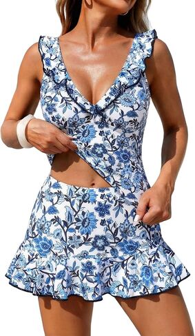 ZAFUL المرأة Tankini المايوه الخامس الرقبة الكشكشة التغطية الكاملة ثوب السباحة السباحة تانك الأعلى مع تنورة in Saudi Arabia