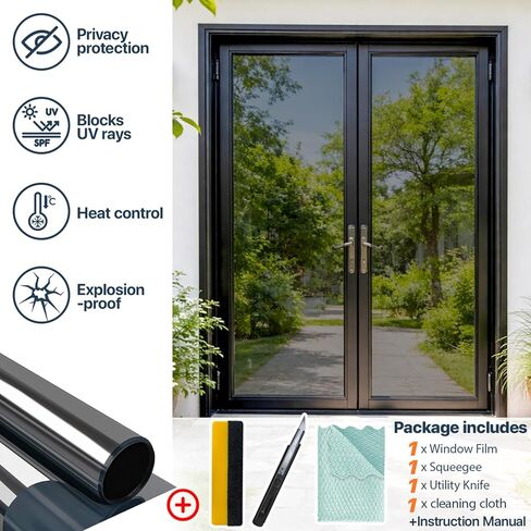 فيلم نافذة للخصوصية من Bloss One Way، لون نافذة عاكس للضوء للمنزل، فيلم الخصوصية أثناء النهار، شاهد خارجًا، أغطية النوافذ المضادة للأشعة فوق البنفسجية مع 3 أدوات (أسود فضي، 17.7 بوصة × 78.7 بوصة) in Kuwait
