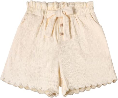 Girls High Waisted Paperbag Shorts Scalloped Hem Textured Bow Tie Summer Wide Leg Shorts with Pocket in Saudi Arabia
