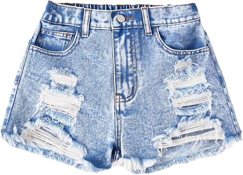 SweatyRocks Girl's Y2k Jean Shorts Elastic Waist Ripped Raw Hem Summer Denim Shorts in Saudi Arabia