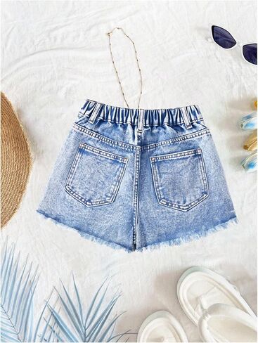 SweatyRocks Girl's Y2k Jean Shorts Elastic Waist Ripped Raw Hem Summer Denim Shorts in Saudi Arabia