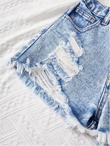 SweatyRocks Girl's Y2k Jean Shorts Elastic Waist Ripped Raw Hem Summer Denim Shorts in Saudi Arabia
