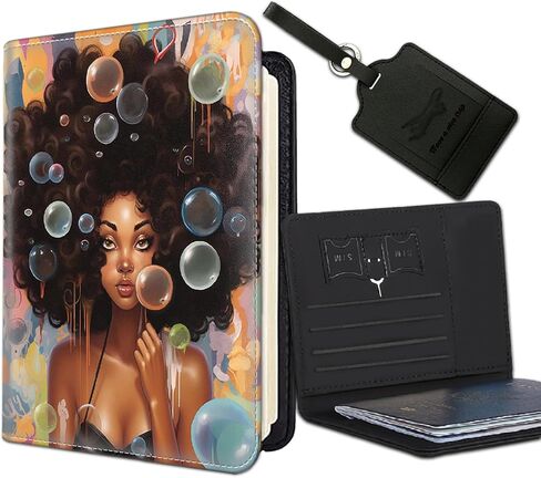 Passport Holder Women Wallet with Luggage Tag, Leather Passport Cover with RFID Blocking, Travel Accessories Multi Card Slot Passport Case for Men,African American Girl in Saudi Arabia