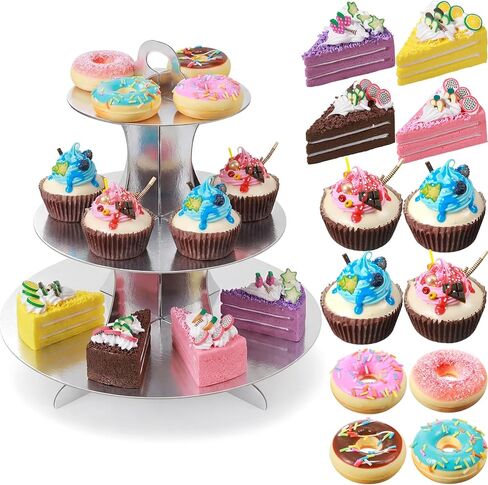 13 Pieces, White 2 Tier Cupcake Stand, Realistic Artificial Toy Cupcakes, Assorted Fake Cake Desserts Decoration Toys Small Fake Cupcake Model Photography Props for Kitchen Home Decoration Crafts in Saudi Arabia