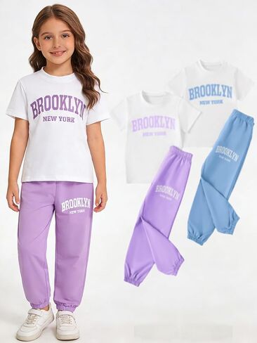 Girls Outfits 4 Pcs Letter Printed Short Sleeve Tee Tops and Jogging Pants Set Summer Clothing Pink Brown in Saudi Arabia