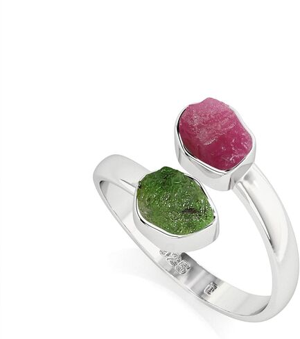 Natural Raw/Rough Emerald & Ruby 2 Stone Size Adjustable Stackable Twister Ring for Women in Sterling Silver, May & July Birthstone Jewelry Gifts for Her (Bezel-Set) in Saudi Arabia